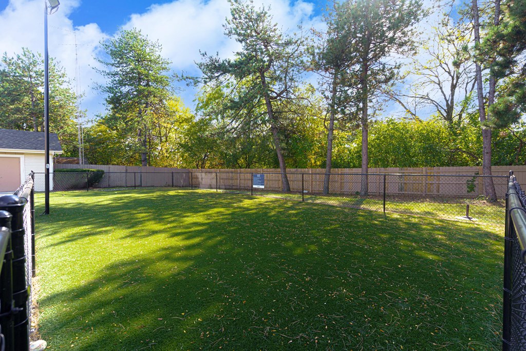 the backyard has a fenced in area with grass and trees